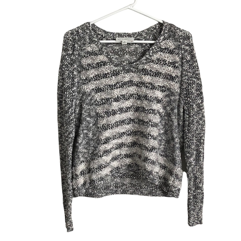 White + Warren V-Neck Sweater Grey White Stripe Coastal Neutral Casual Womens XS